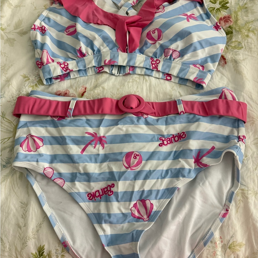 Unique Vintage Barbie Stripe Bikini in Light Blue and Pink